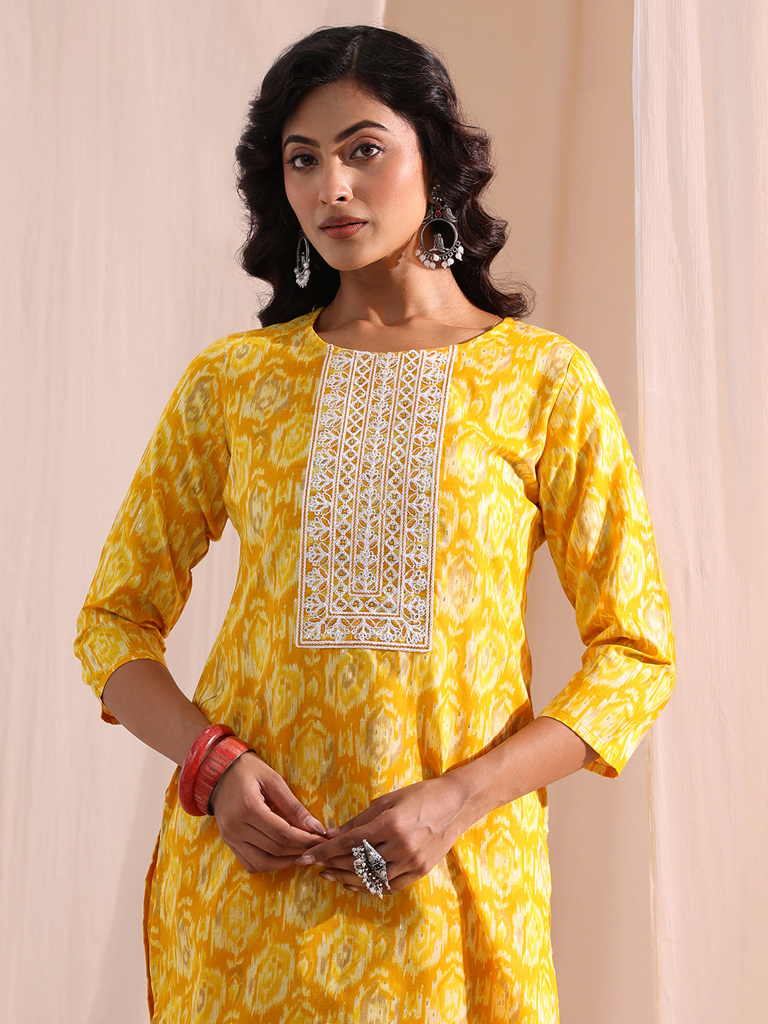  Yellow Ethnic Printed Cotton Blend Straight Suit Set 