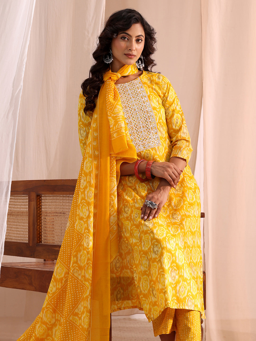 libas Yellow Ethnic Printed Cotton Blend Straight Suit Set-picture-68