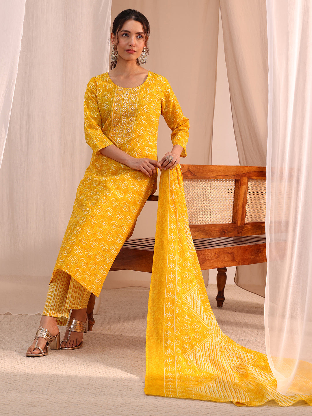 libas Yellow Floral Printed Cotton Blend Straight Suit Set-picture-38