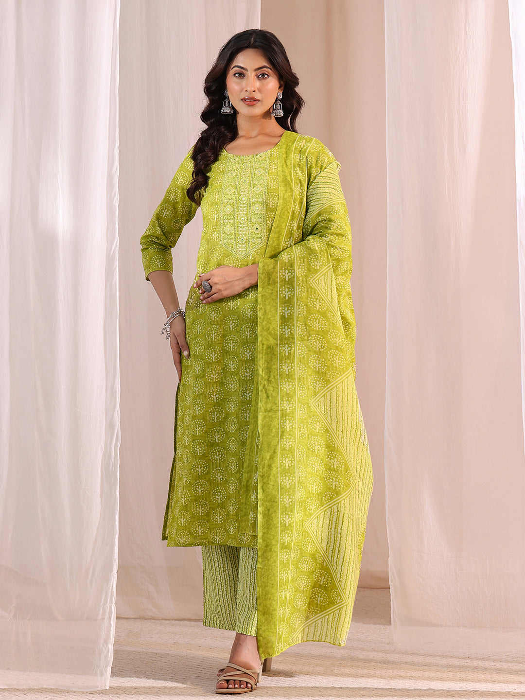  Green Floral Printed Cotton Blend Straight Suit Set 