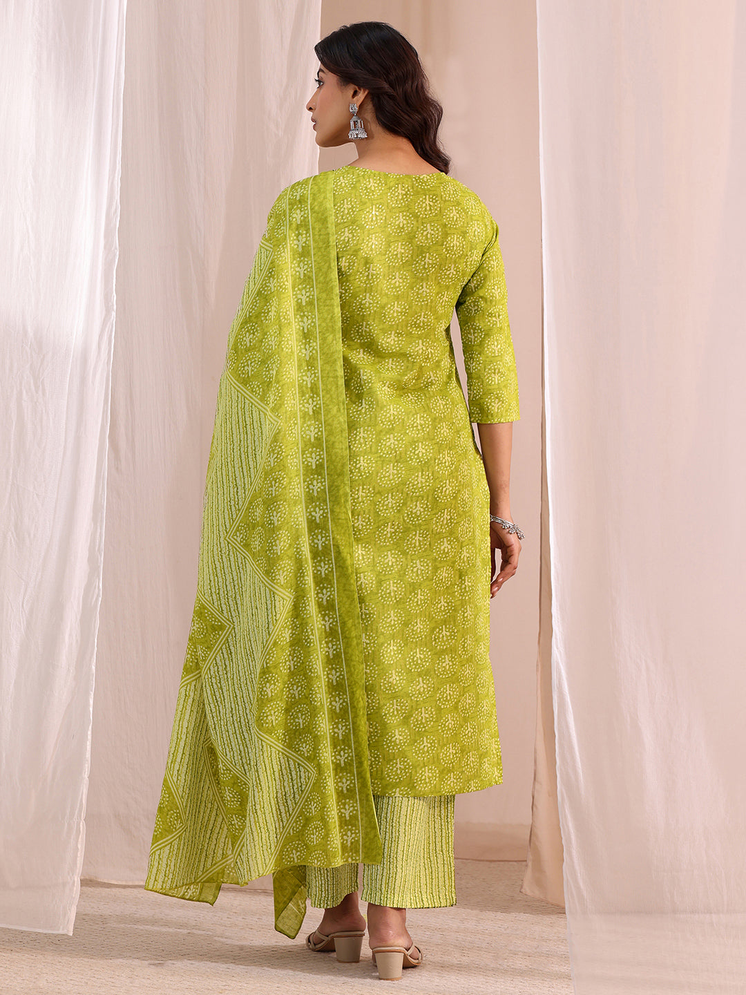  Green Floral Printed Cotton Blend Straight Suit Set 