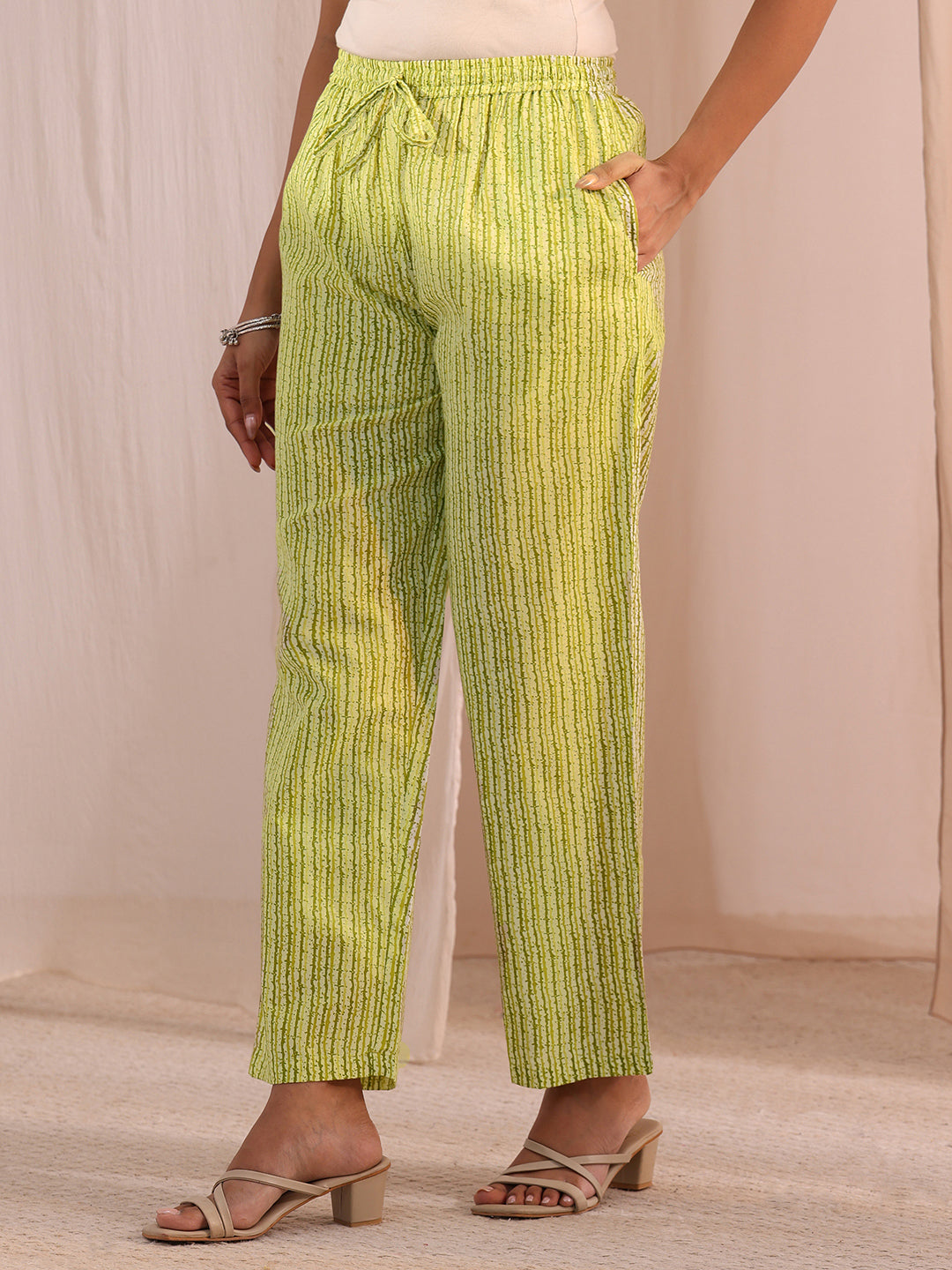  Green Floral Printed Cotton Blend Straight Suit Set 