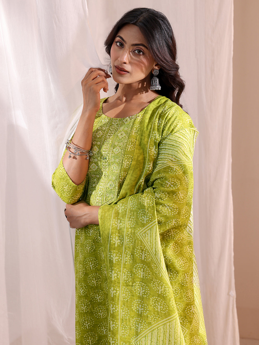 Green Floral Printed Cotton Blend Straight Suit Set 