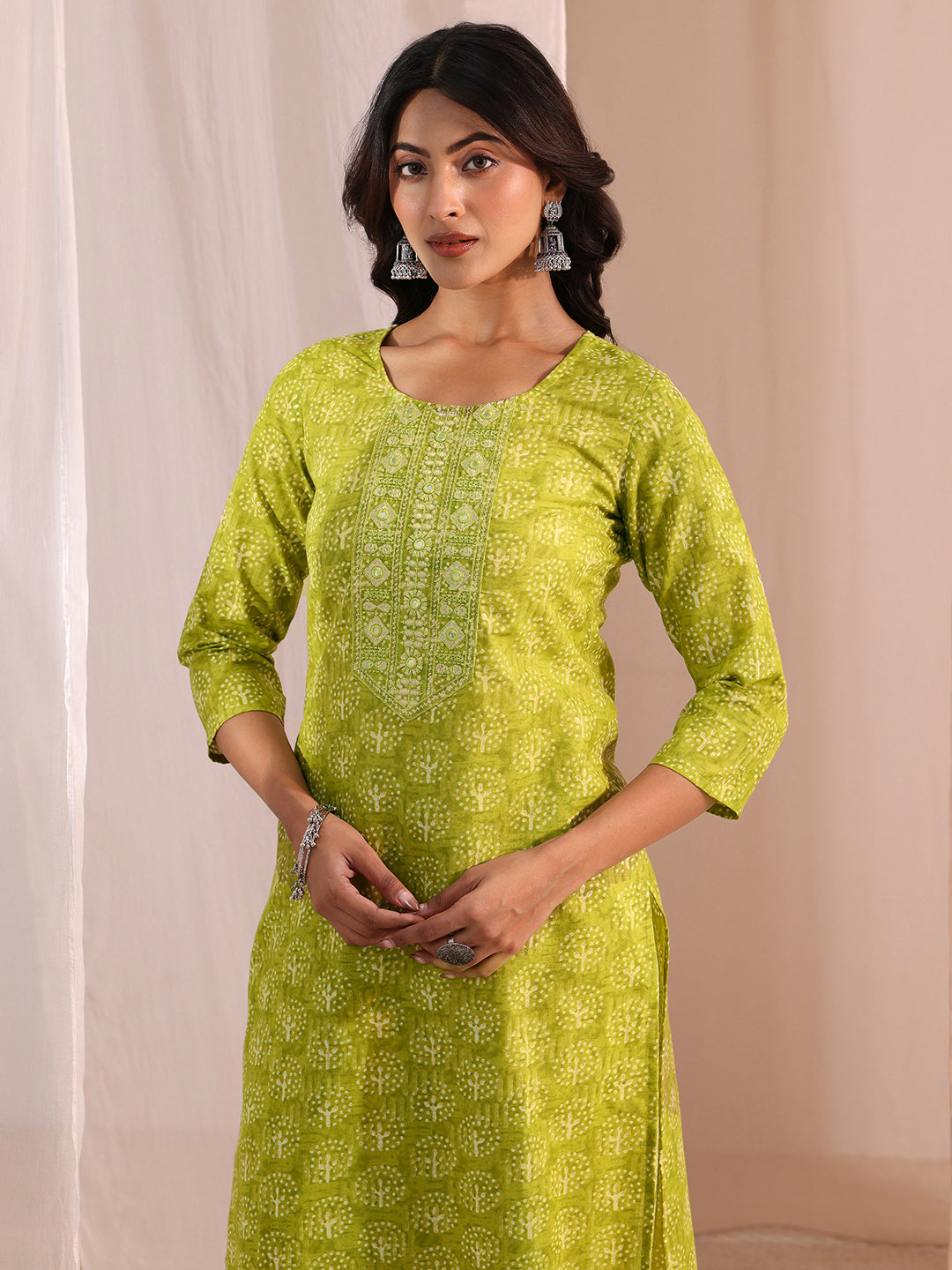  Green Floral Printed Cotton Blend Straight Suit Set 