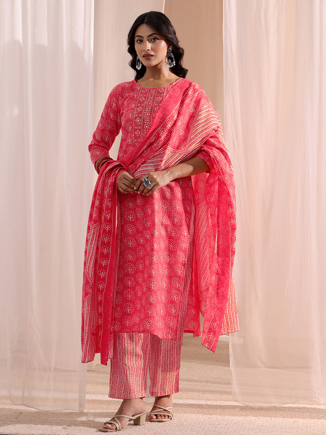  Pink Floral Printed Cotton Blend Straight Suit Set 