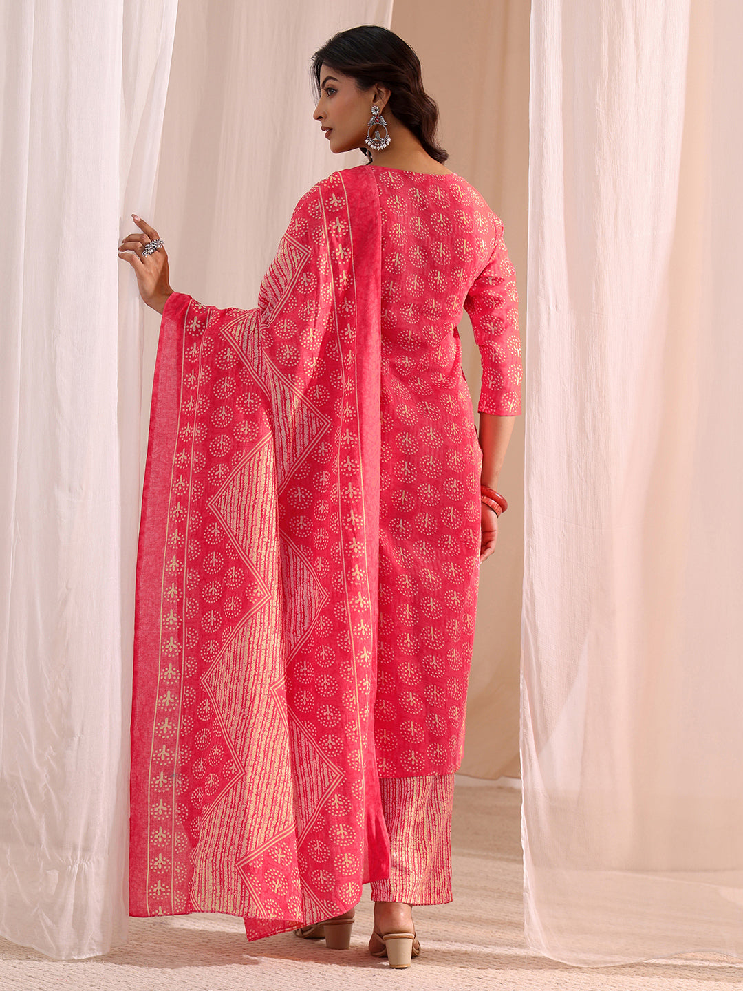  Pink Floral Printed Cotton Blend Straight Suit Set 