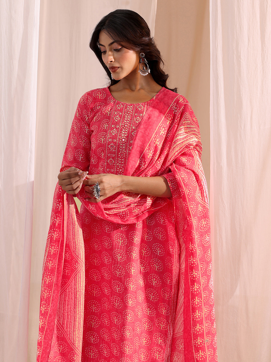  Pink Floral Printed Cotton Blend Straight Suit Set 