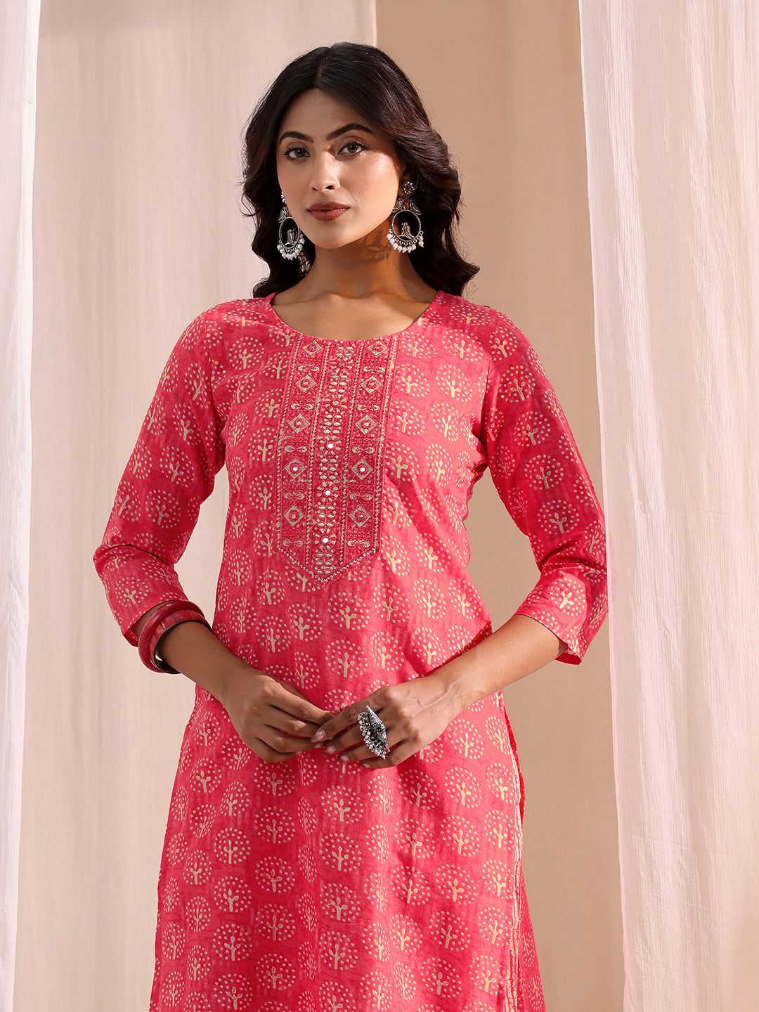  Pink Floral Printed Cotton Blend Straight Suit Set 