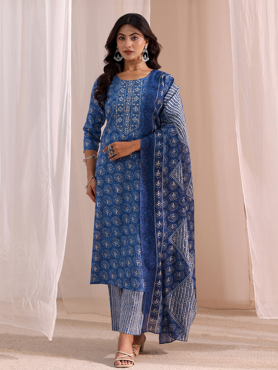  Blue Floral Printed Cotton Blend Straight Suit Set 