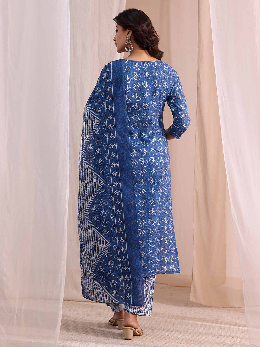  Blue Floral Printed Cotton Blend Straight Suit Set 