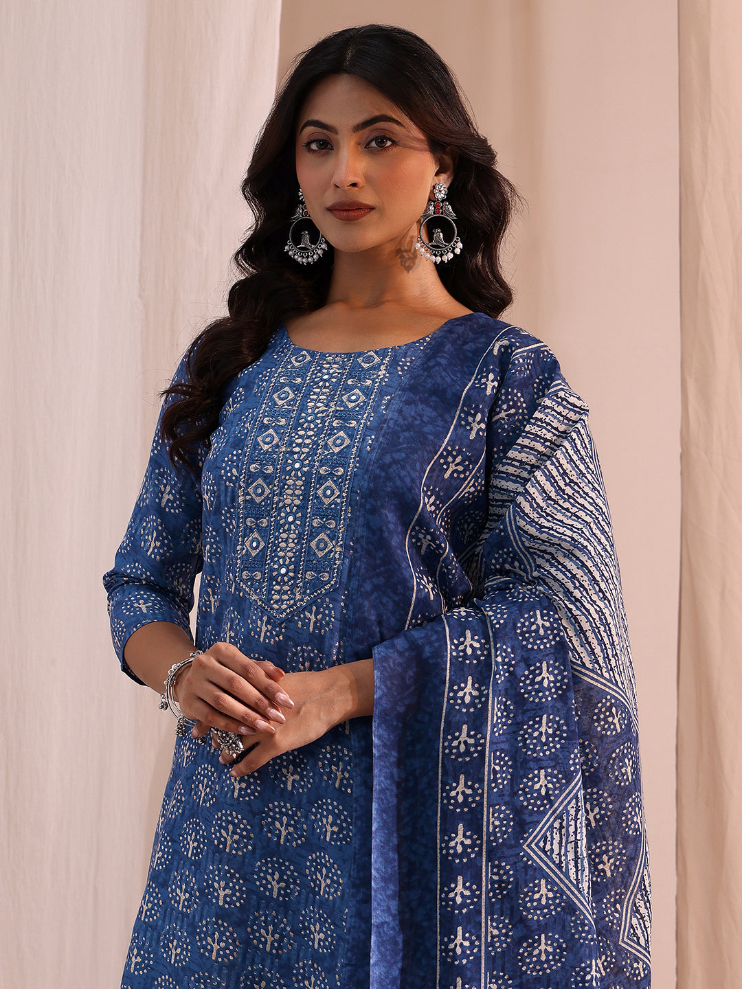  Blue Floral Printed Cotton Blend Straight Suit Set 