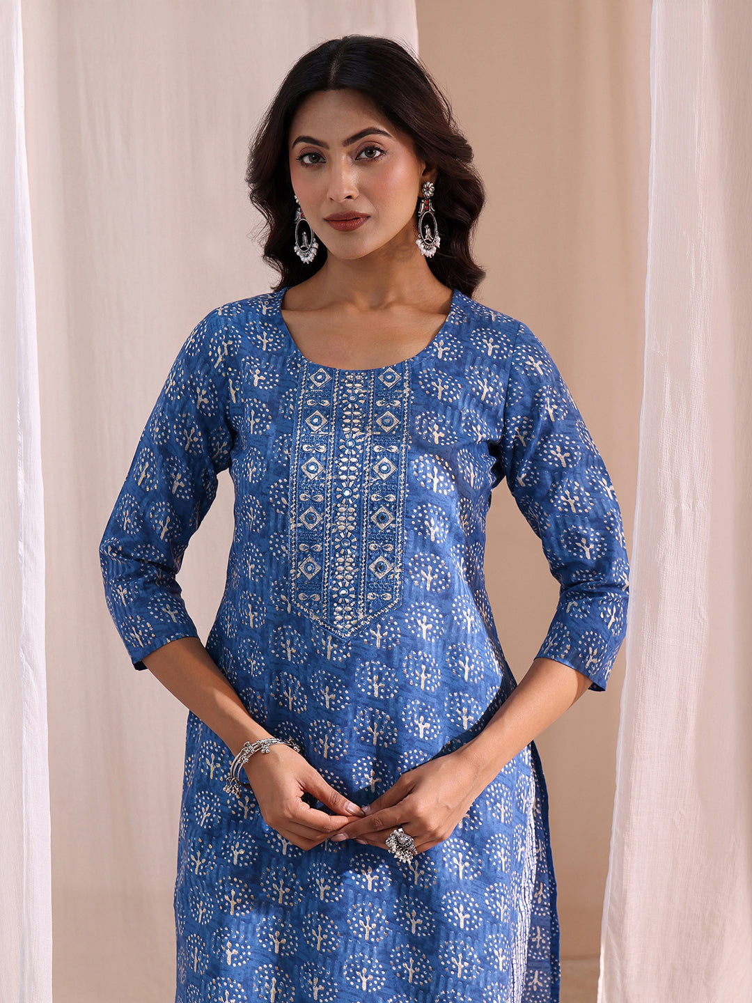  Blue Floral Printed Cotton Blend Straight Suit Set 
