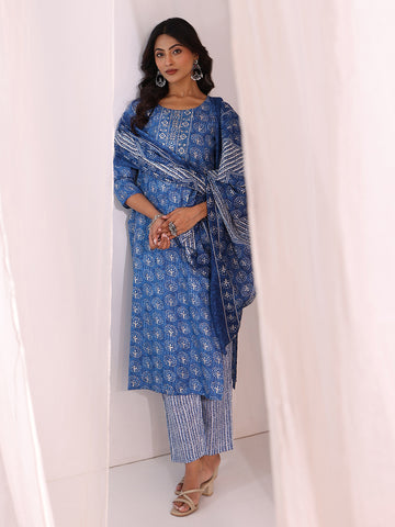 Blue Floral Printed Cotton Blend Straight Suit Set