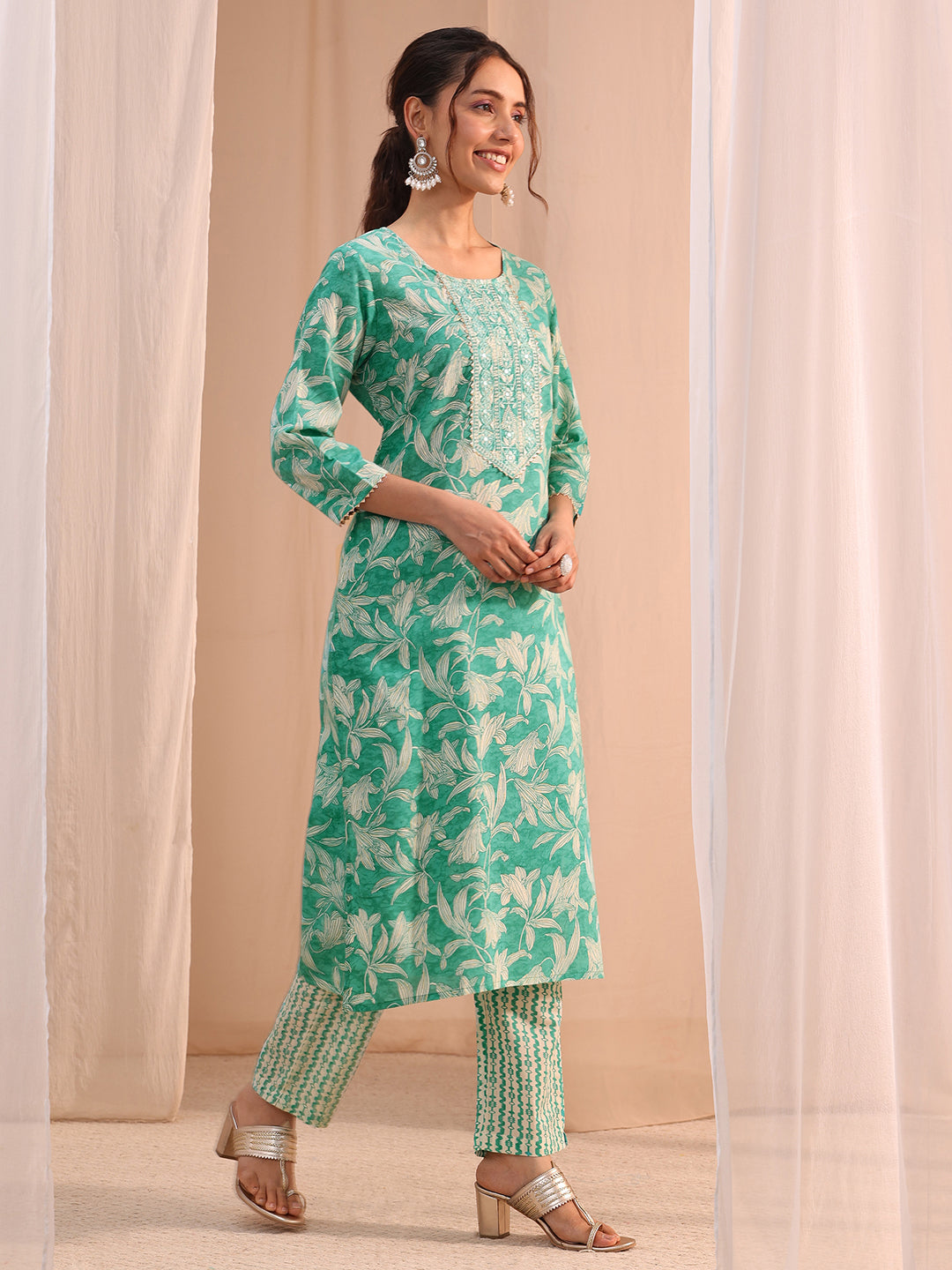 Gerua Turquoise Yoke Embroidered Cotton Blend Straight Suit Set 