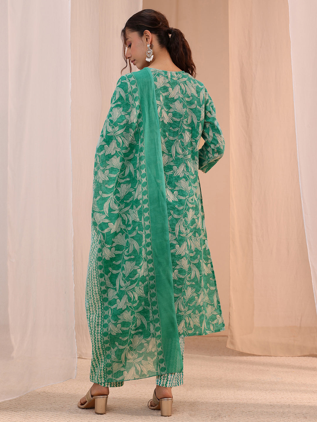  Gerua Turquoise Yoke Embroidered Cotton Blend Straight Suit Set 