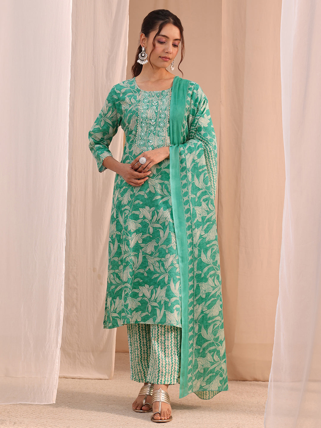  Gerua Turquoise Yoke Embroidered Cotton Blend Straight Suit Set 