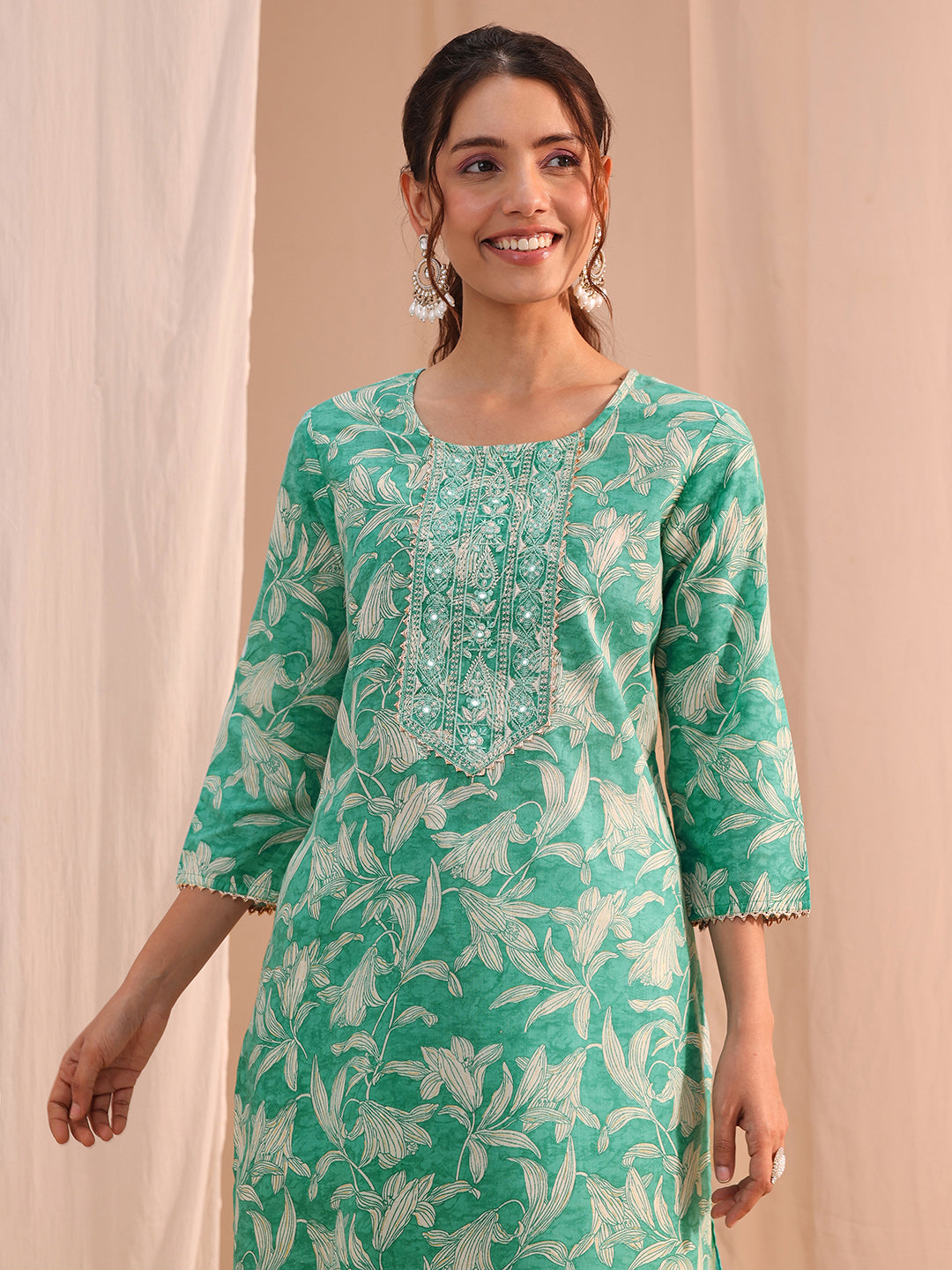  Gerua Turquoise Yoke Embroidered Cotton Blend Straight Suit Set 