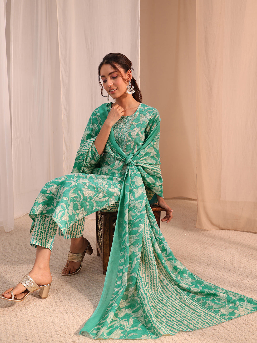  Gerua Turquoise Yoke Embroidered Cotton Blend Straight Suit Set 