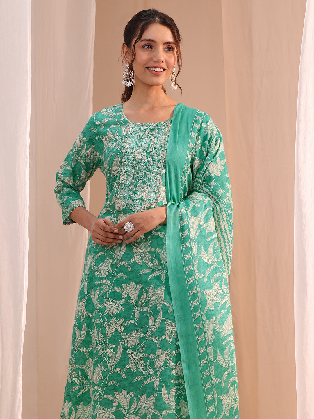  Gerua Turquoise Yoke Embroidered Cotton Blend Straight Suit Set 