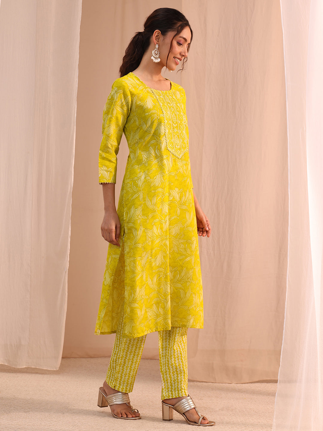  Yellow Yoke Embroidered Cotton Blend Straight Suit Set 