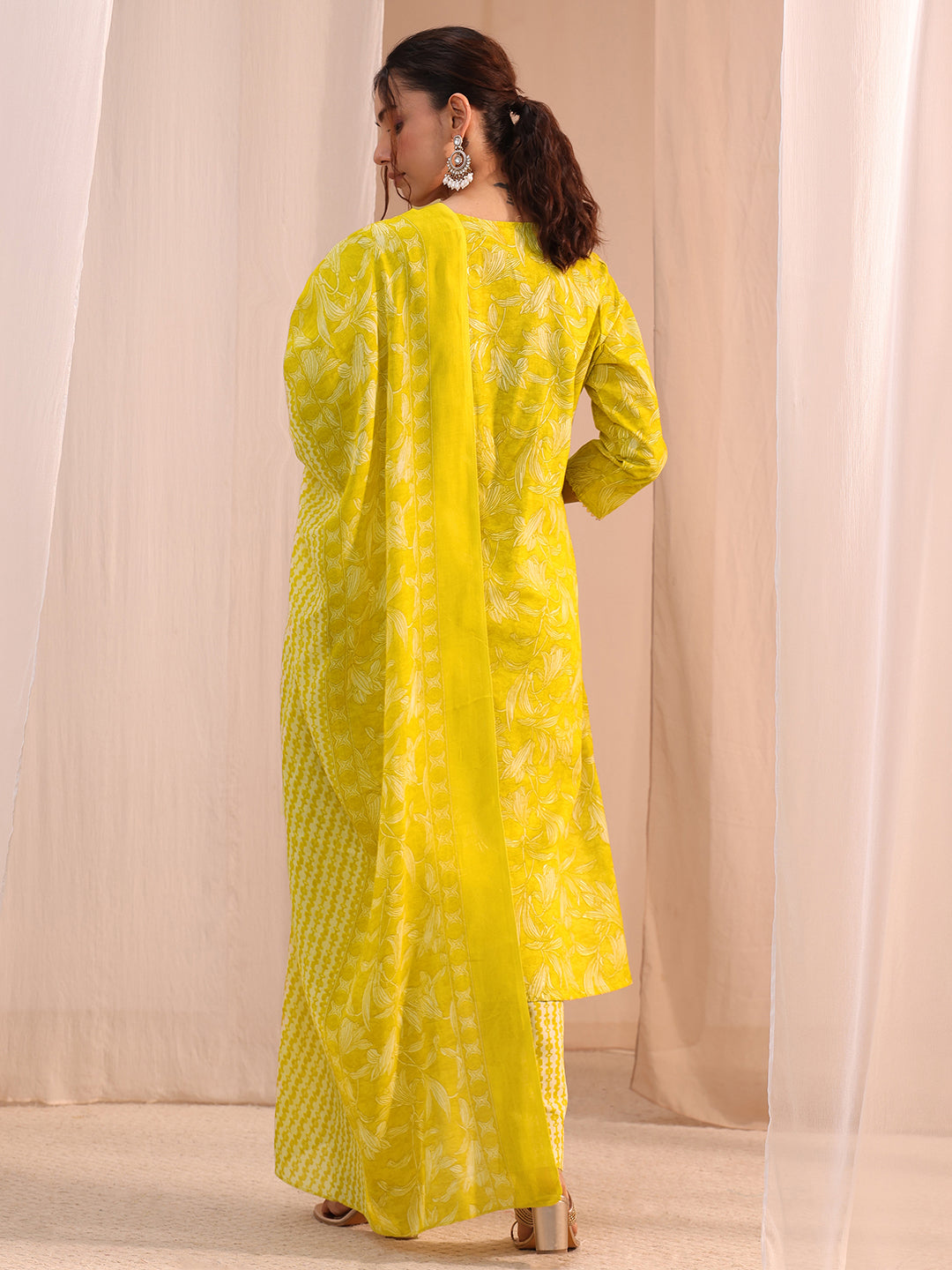  Yellow Yoke Embroidered Cotton Blend Straight Suit Set 