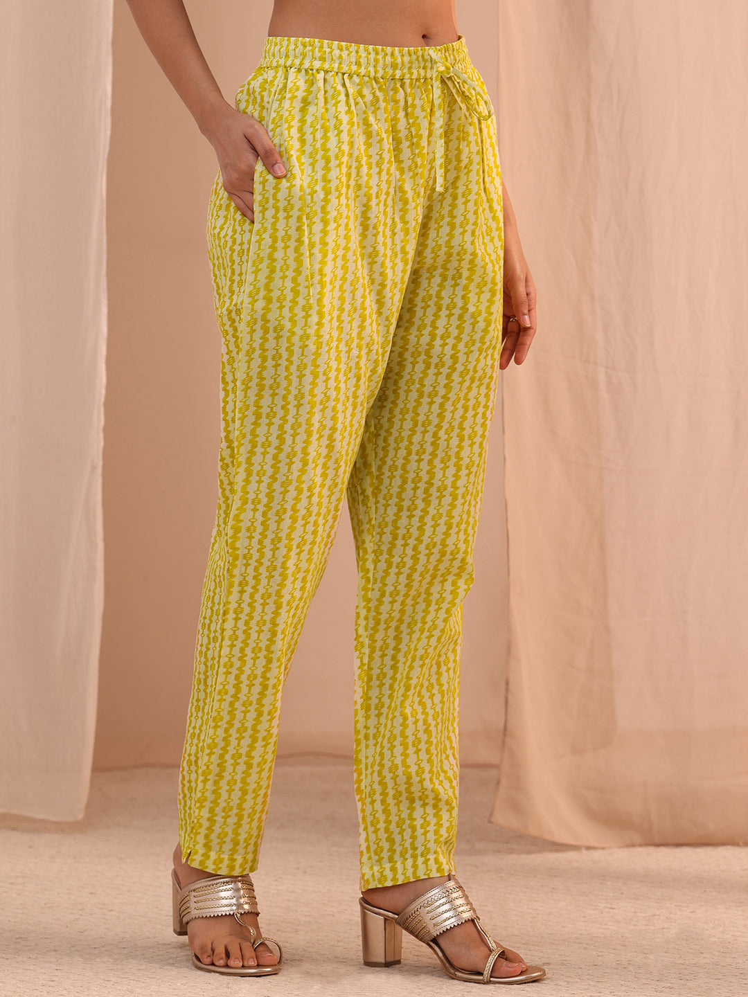  Yellow Yoke Embroidered Cotton Blend Straight Suit Set 