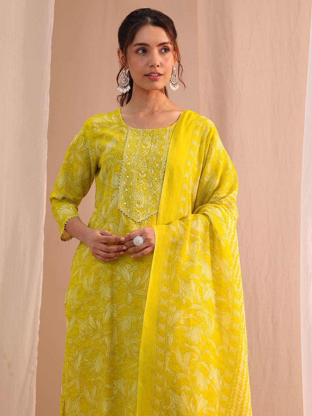  Yellow Yoke Embroidered Cotton Blend Straight Suit Set 