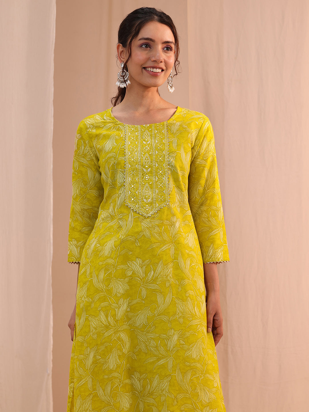  Yellow Yoke Embroidered Cotton Blend Straight Suit Set 