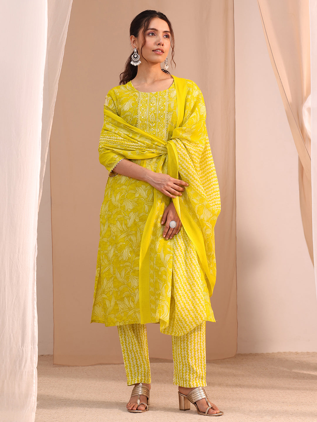  Yellow Yoke Embroidered Cotton Blend Straight Suit Set 