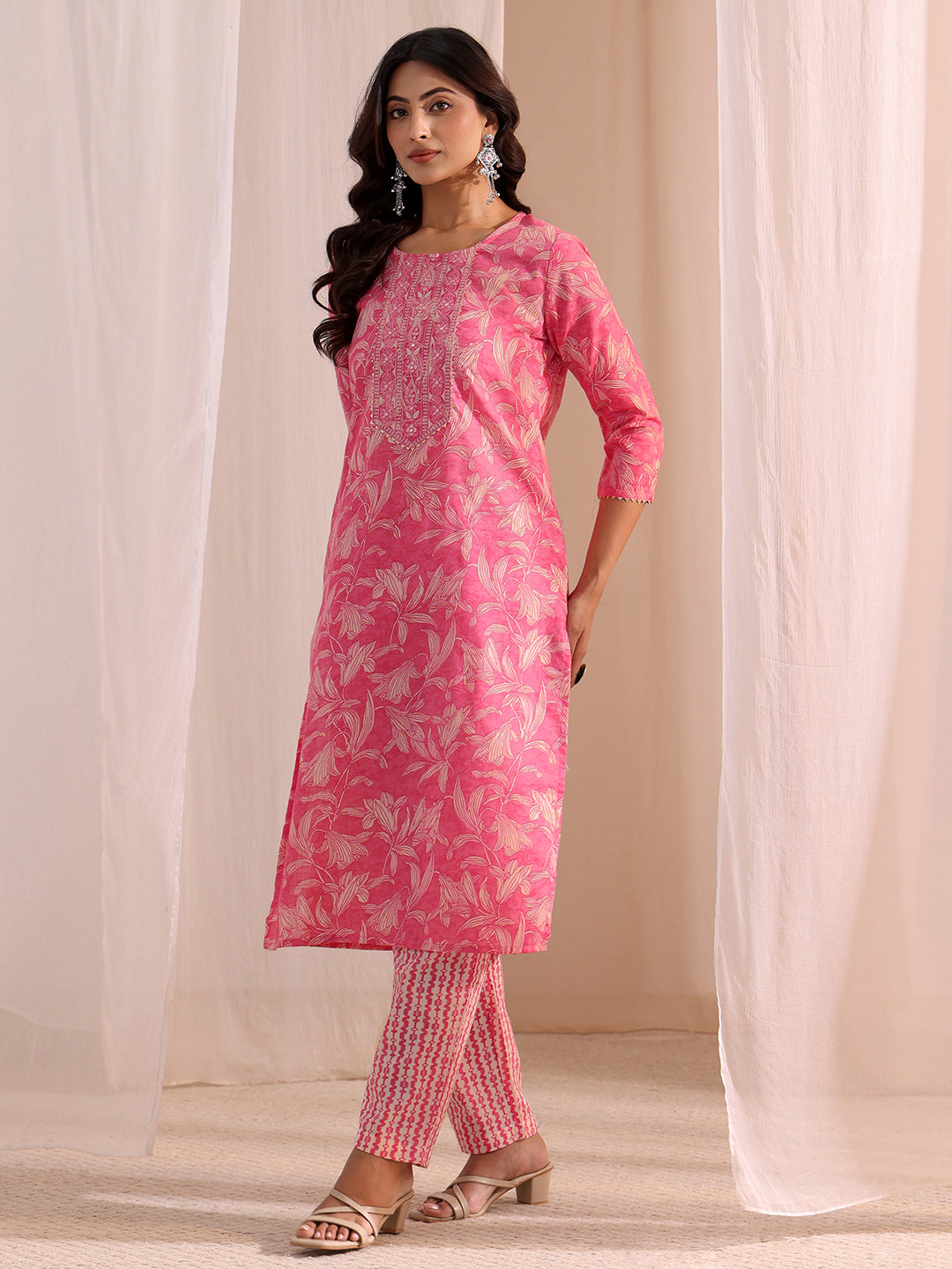  Pink Yoke Embroidered Cotton Blend Straight Suit Set 