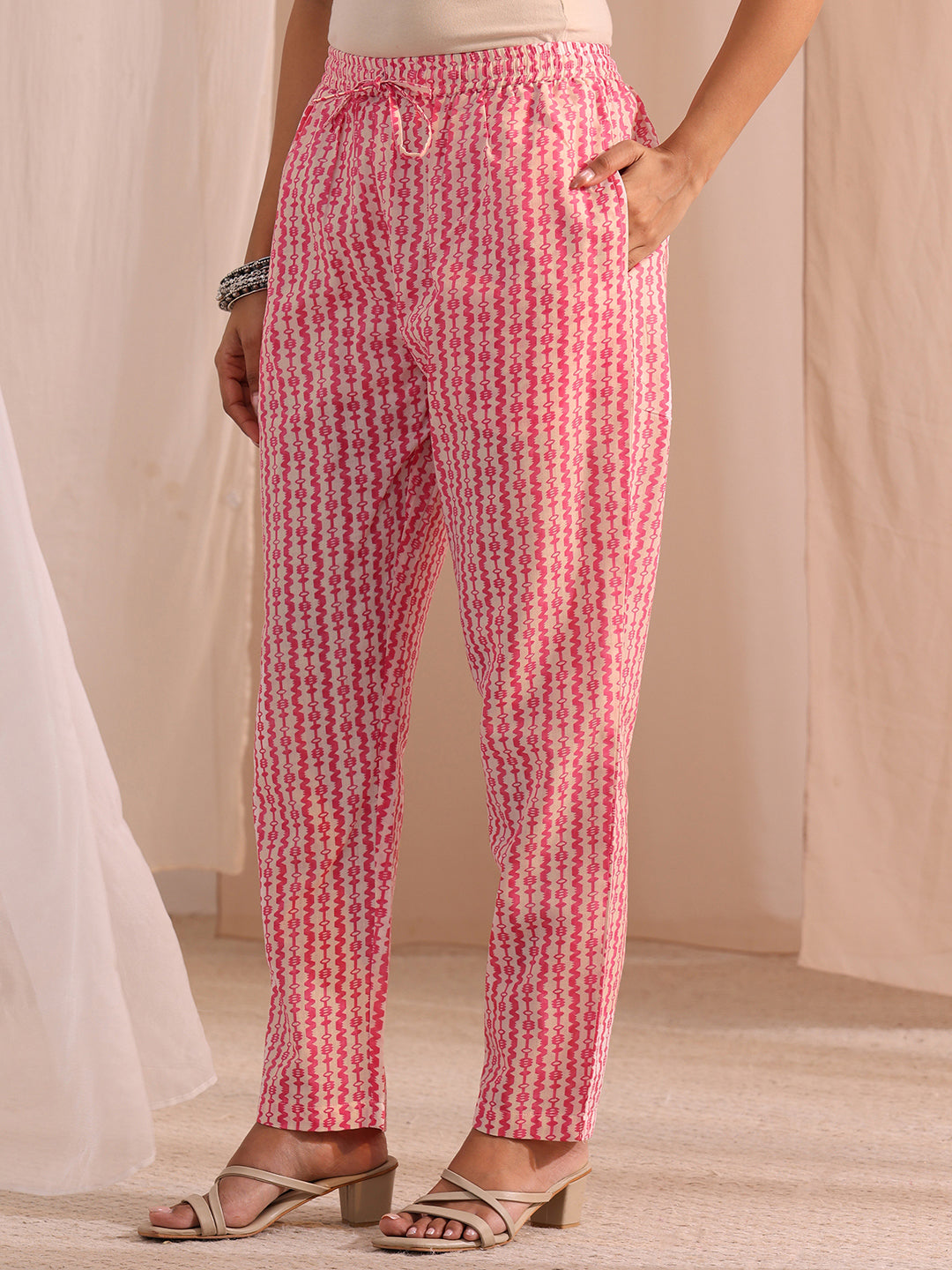  Pink Yoke Embroidered Cotton Blend Straight Suit Set 