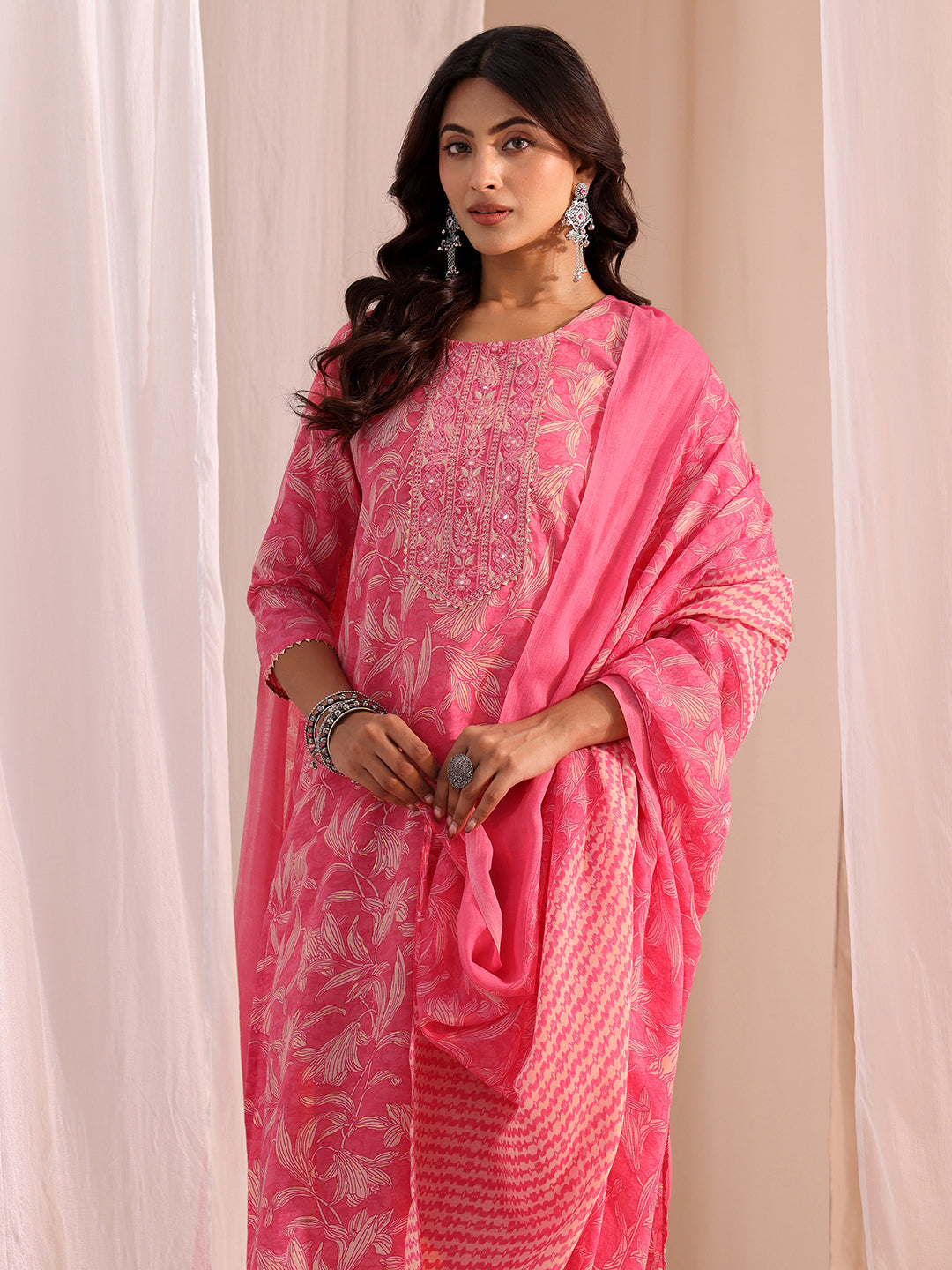  Pink Yoke Embroidered Cotton Blend Straight Suit Set 