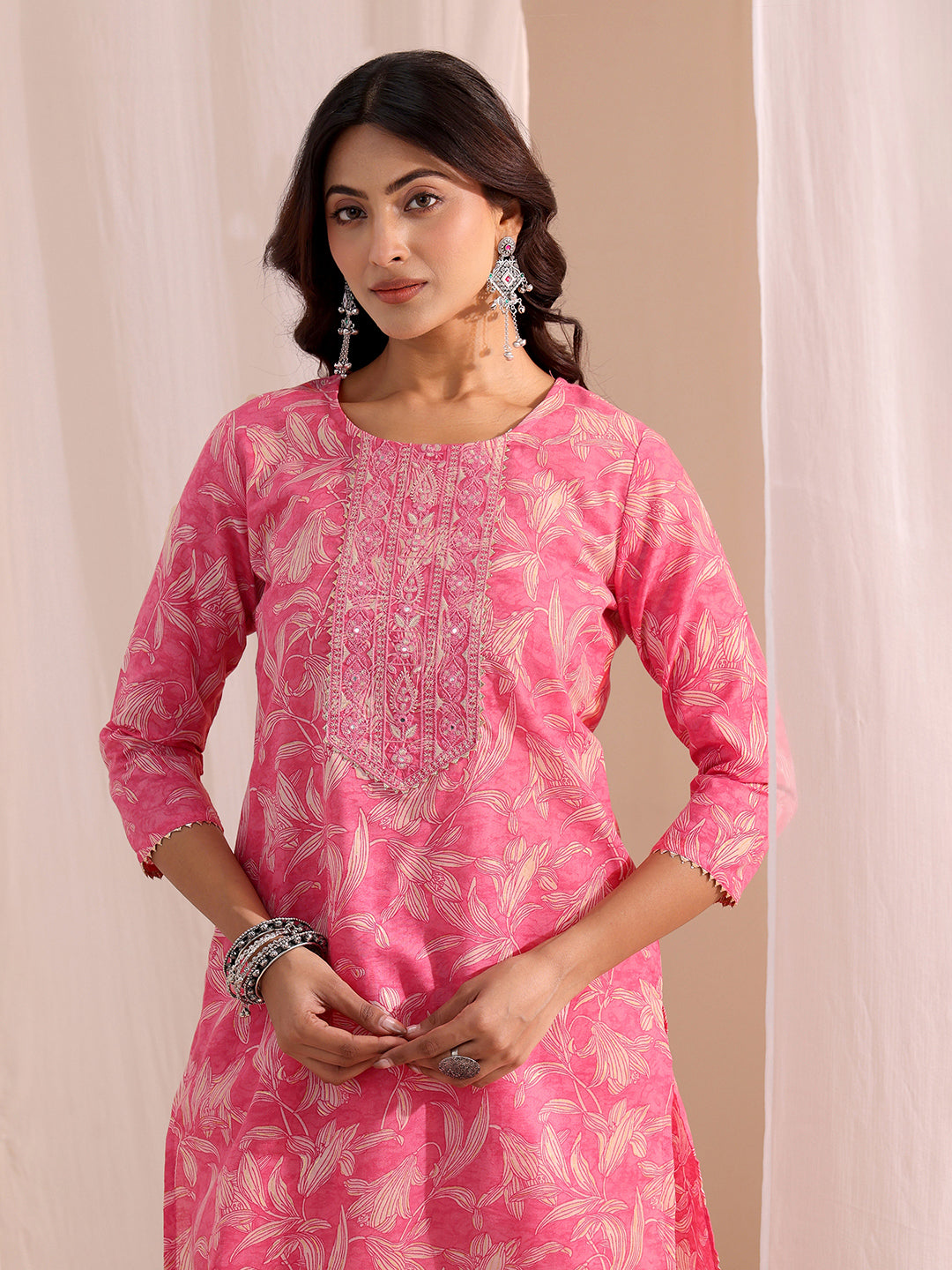  Pink Yoke Embroidered Cotton Blend Straight Suit Set 