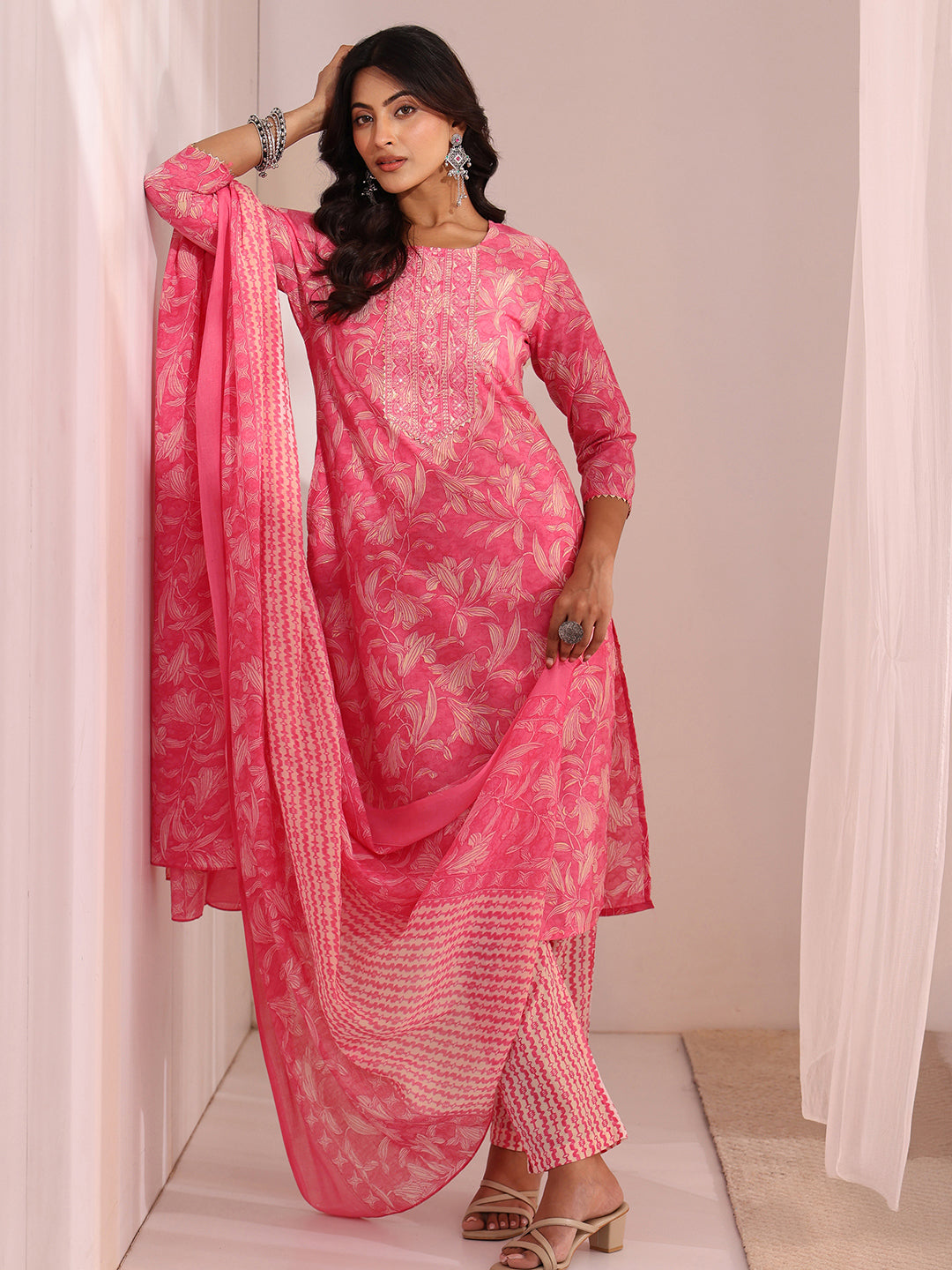 libas Gerua Pink Yoke Embroidered Cotton Blend Straight Suit Set-picture-46