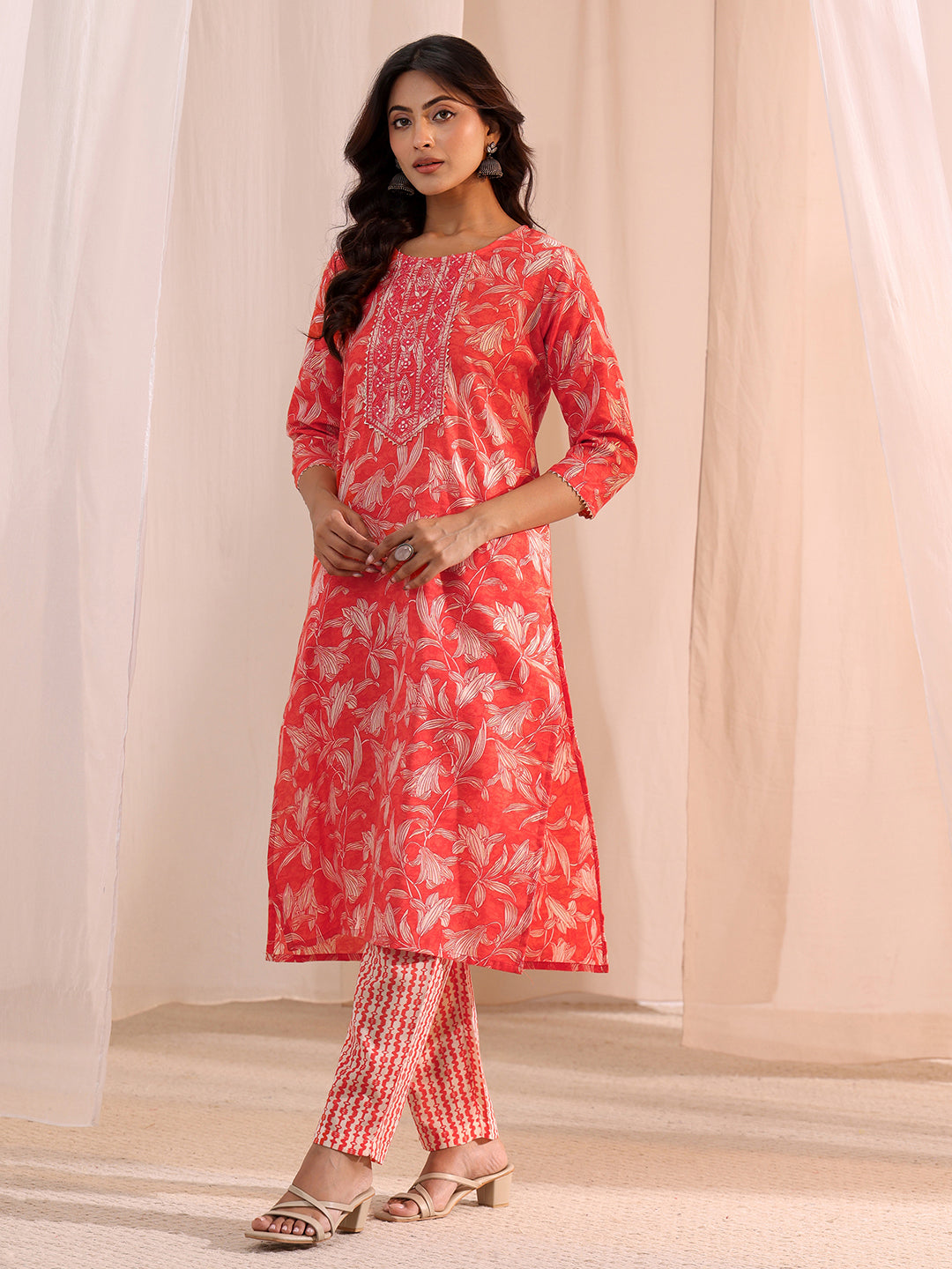  Peach Yoke Embroidered Cotton Blend Straight Suit Set 