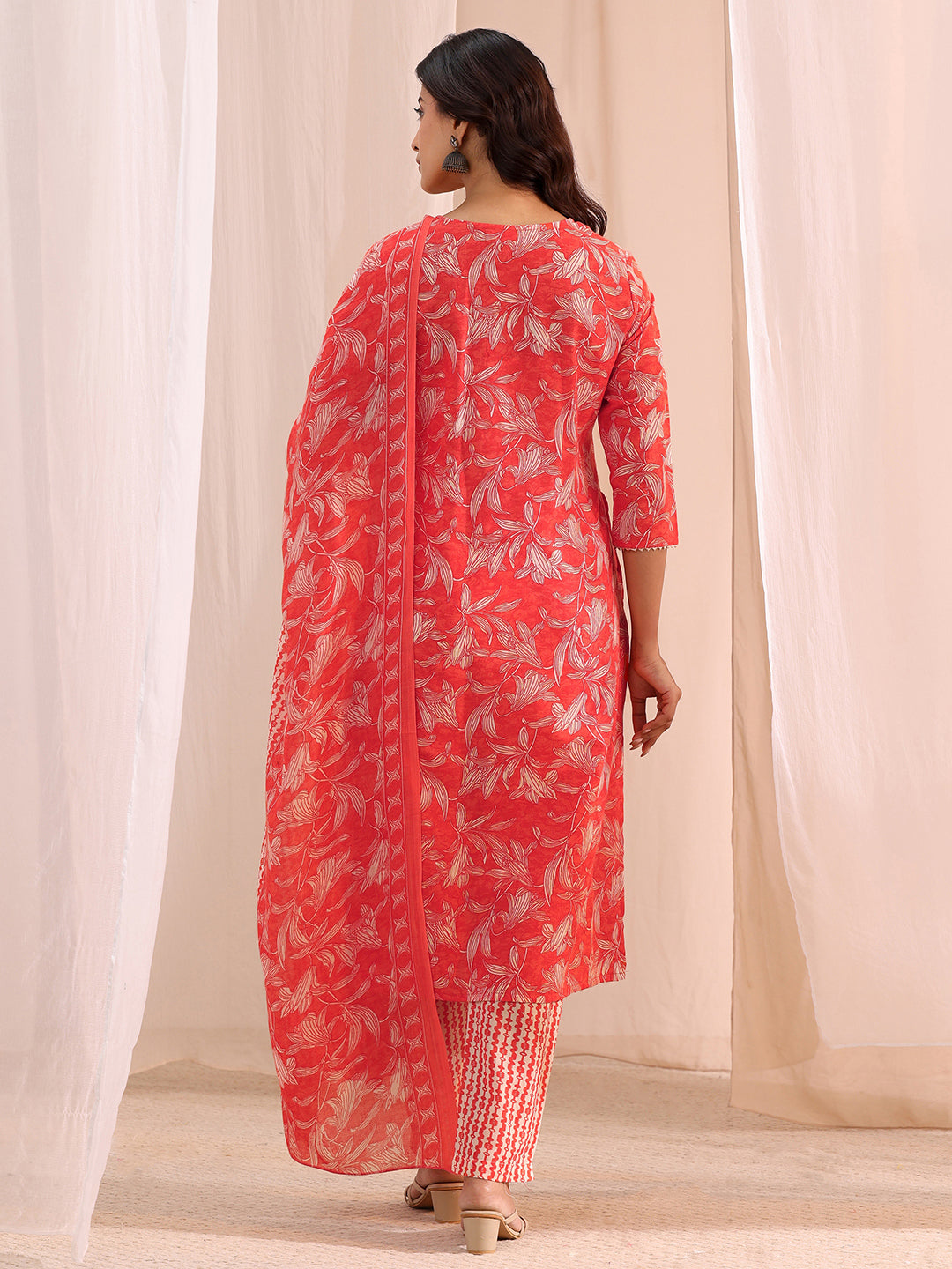  Peach Yoke Embroidered Cotton Blend Straight Suit Set 