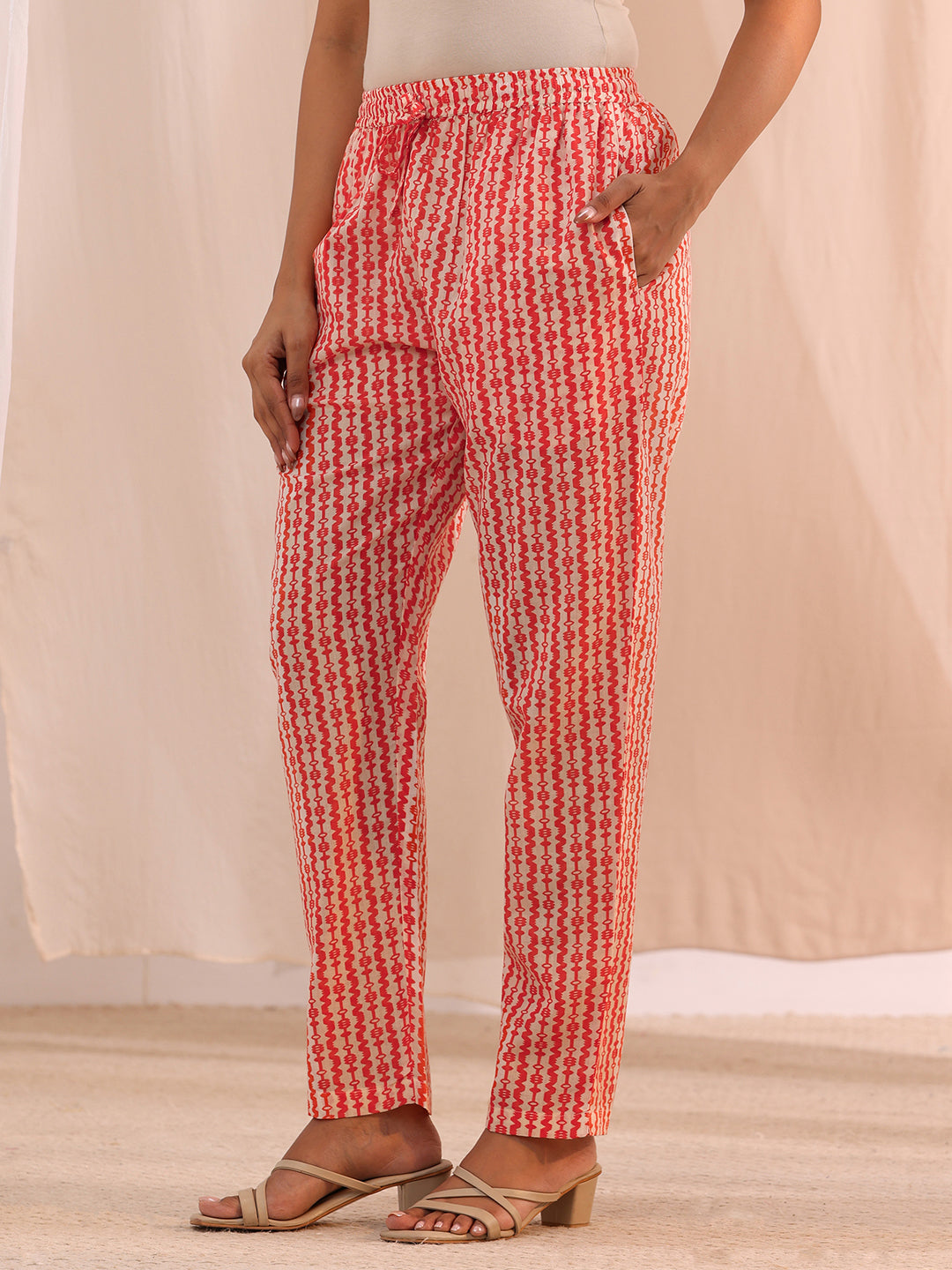  Peach Yoke Embroidered Cotton Blend Straight Suit Set 
