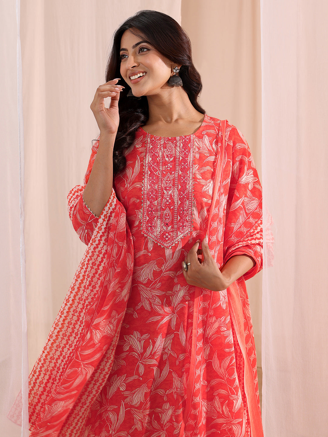  Peach Yoke Embroidered Cotton Blend Straight Suit Set 
