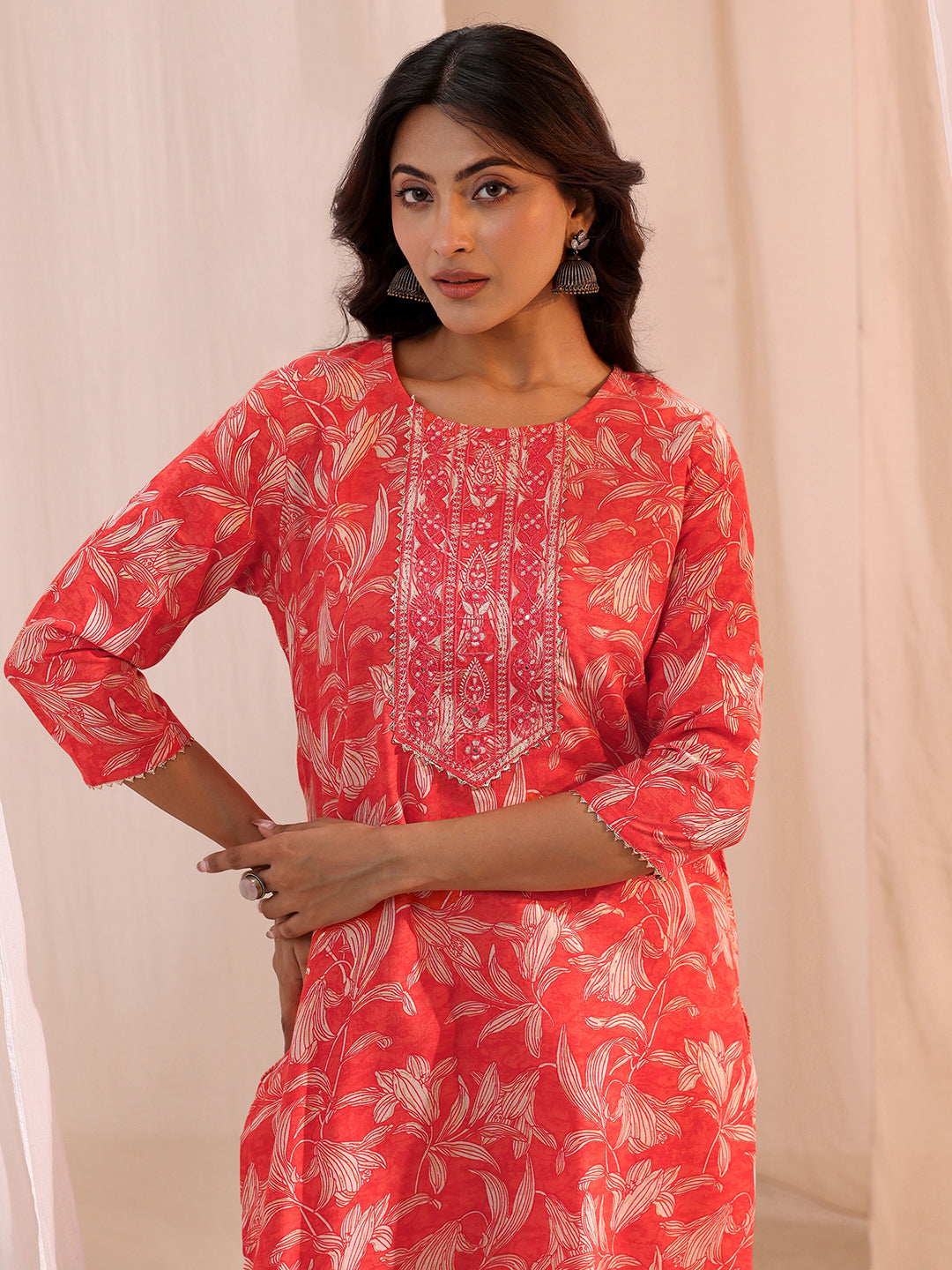  Peach Yoke Embroidered Cotton Blend Straight Suit Set 