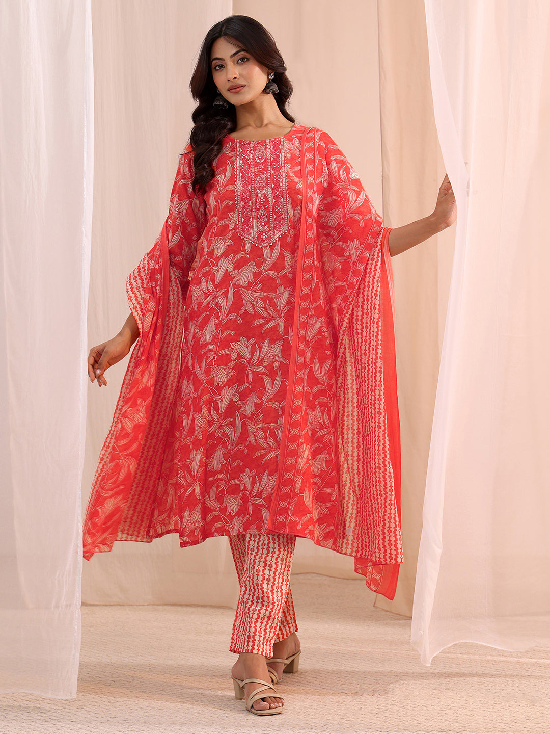  Peach Yoke Embroidered Cotton Blend Straight Suit Set 