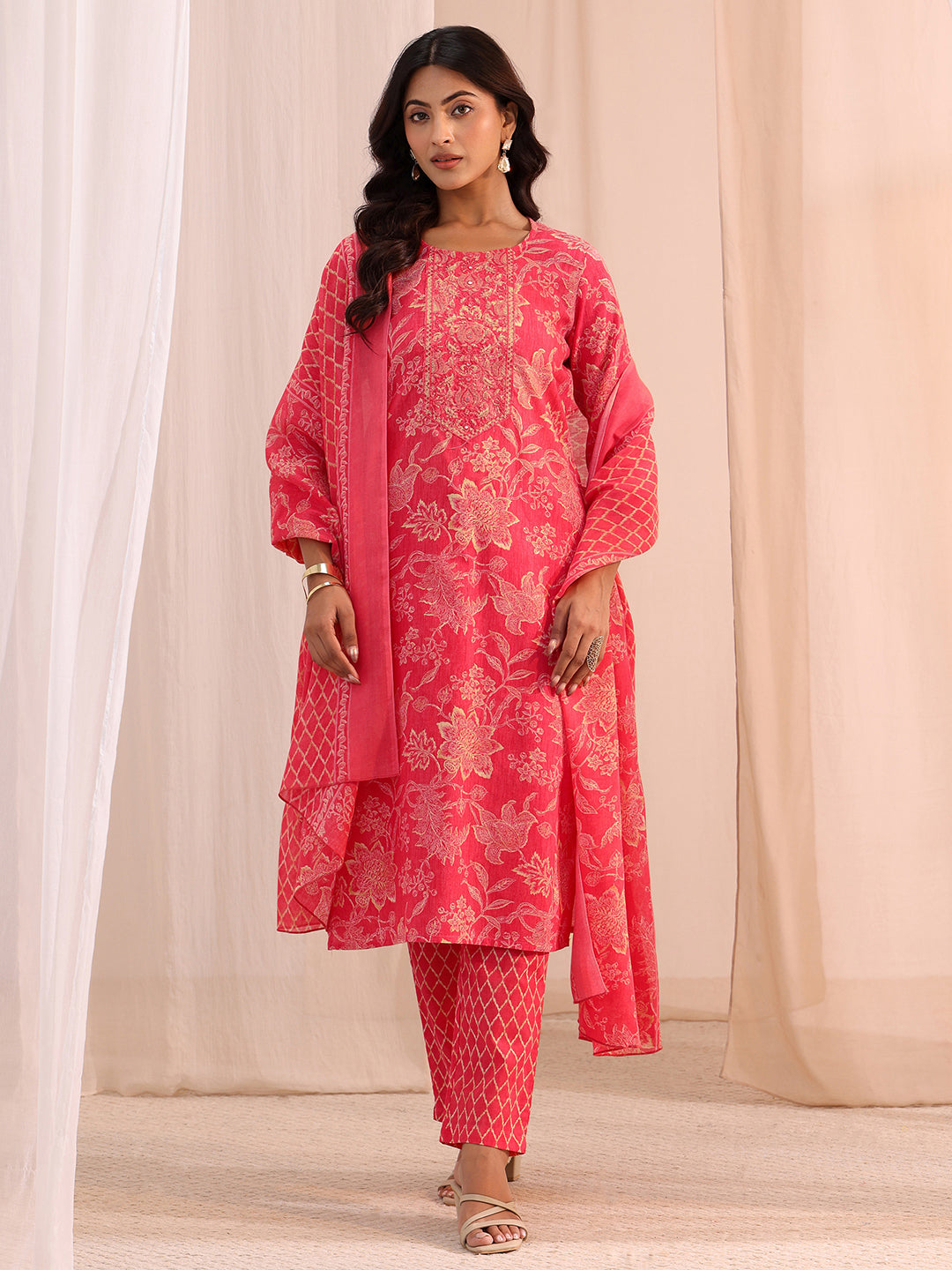  Gerua Pink Yoke Embellished Cotton Blend Straight Suit Set 