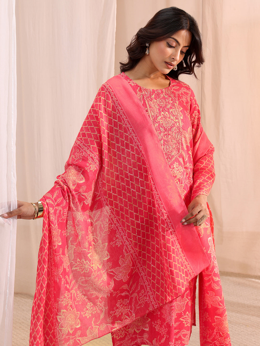  Gerua Pink Yoke Embellished Cotton Blend Straight Suit Set 