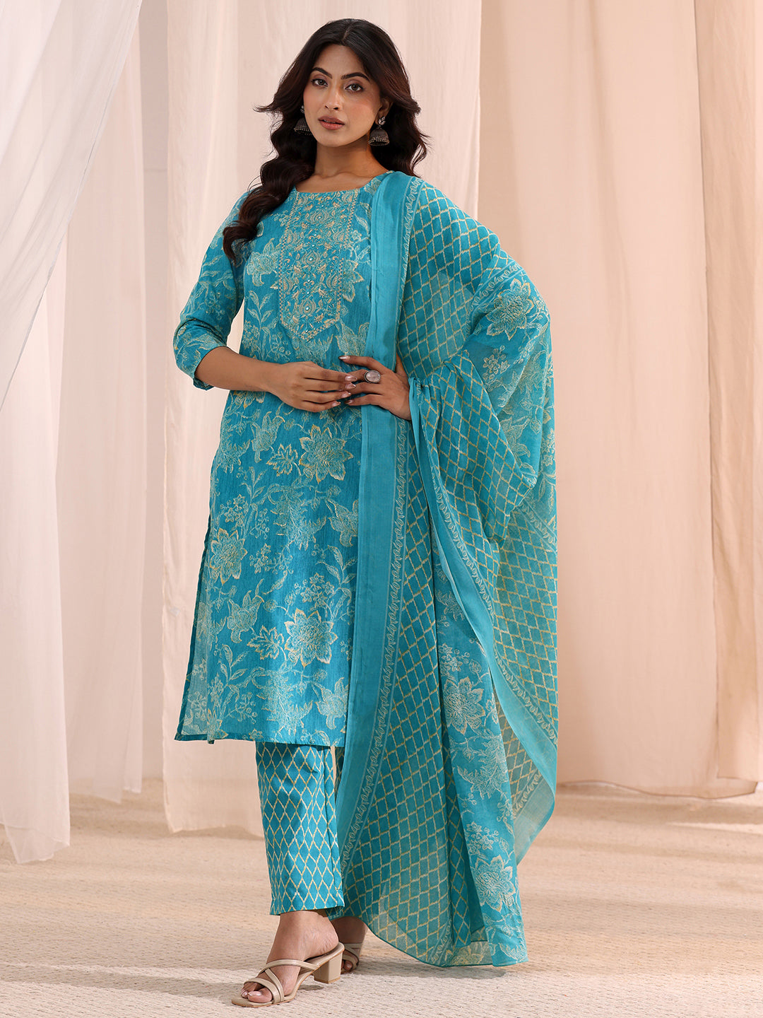  Blue Yoke Embellished Cotton Blend Straight Suit Set 