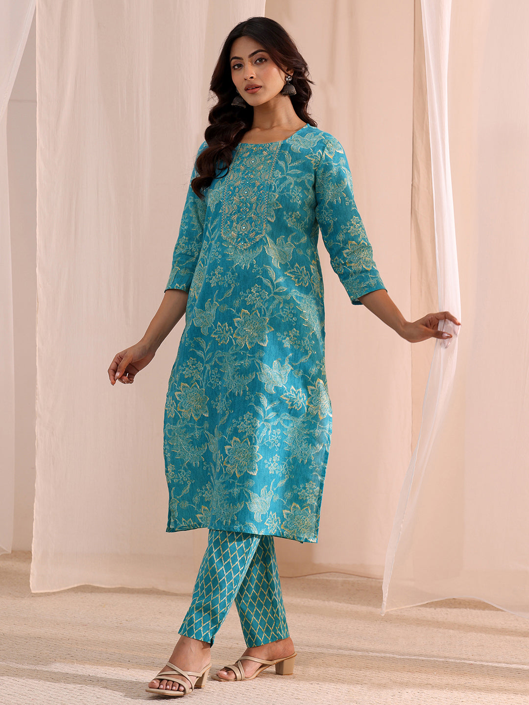  Blue Yoke Embellished Cotton Blend Straight Suit Set 