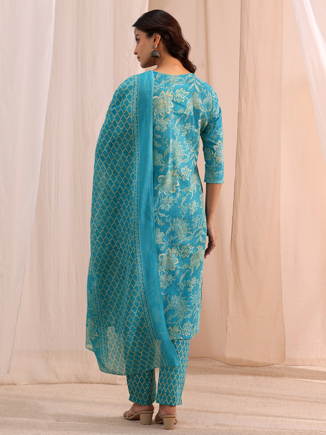  Blue Yoke Embellished Cotton Blend Straight Suit Set 