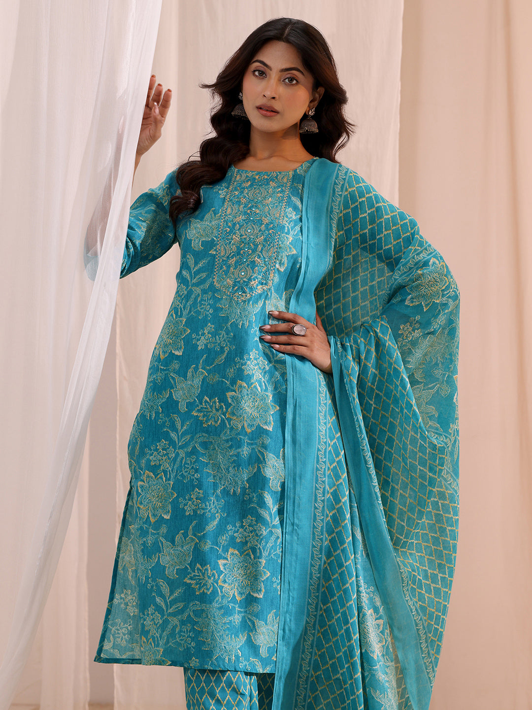 Blue Yoke Embellished Cotton Blend Straight Suit Set 