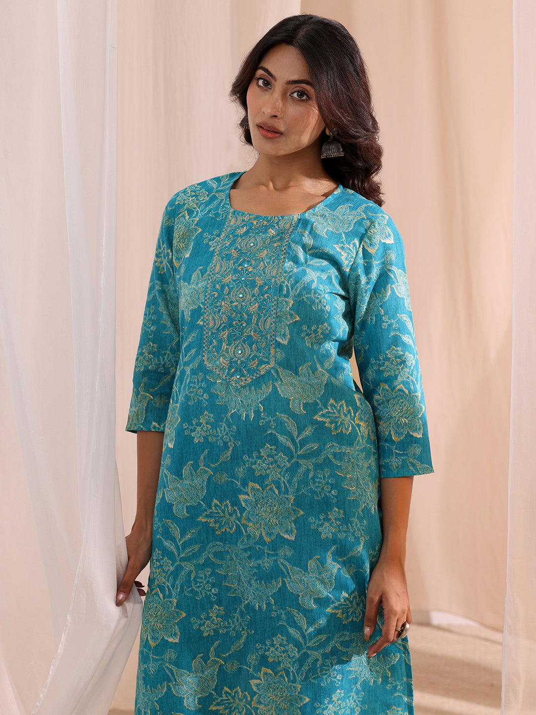  Blue Yoke Embellished Cotton Blend Straight Suit Set 
