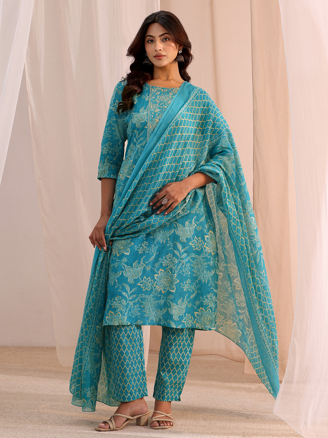 libas Blue Yoke Embellished Cotton Blend Straight Suit Set-picture-56