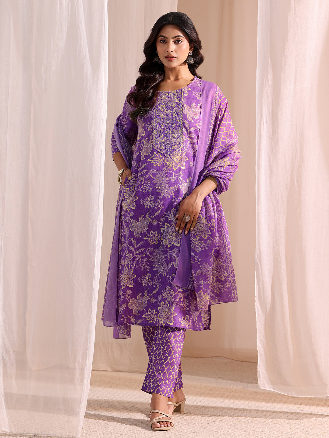  Purple Yoke Embellished Cotton Blend Straight Suit Set 