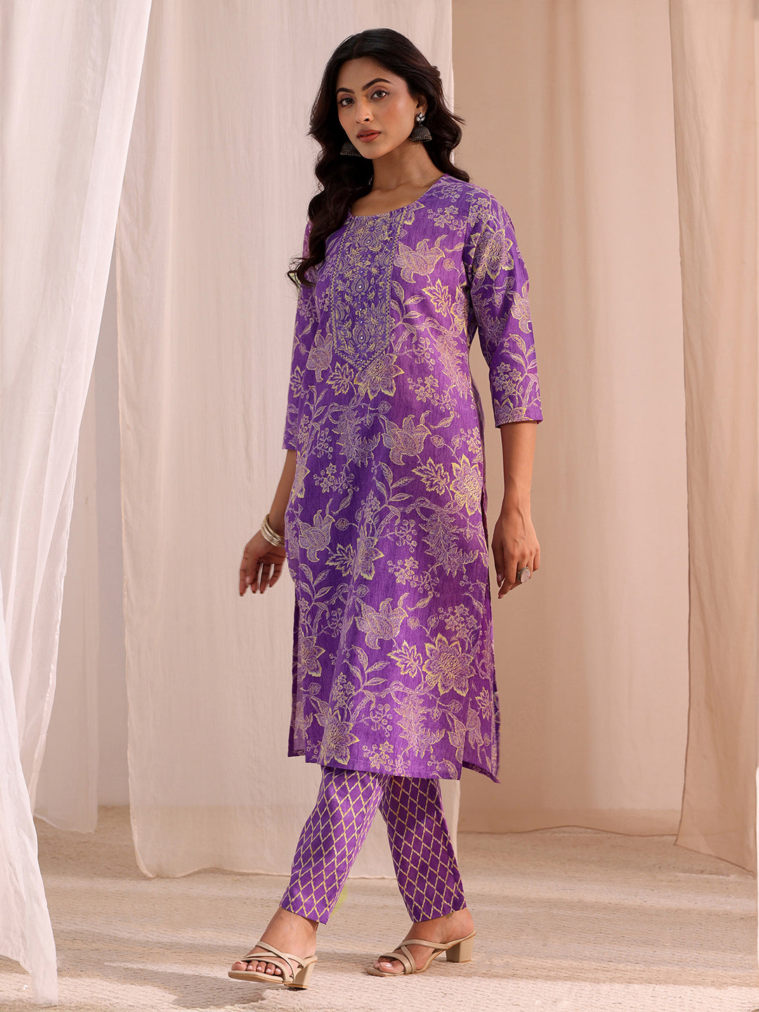  Purple Yoke Embellished Cotton Blend Straight Suit Set 